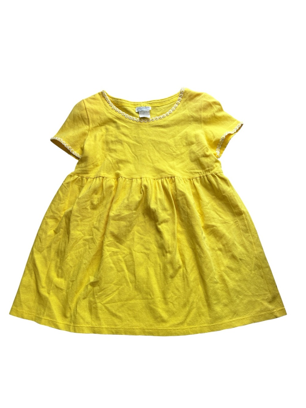 Vintage 1990s Maternite’ Yellow Maternity Mini Dress Daisy Embroidered Trim L
